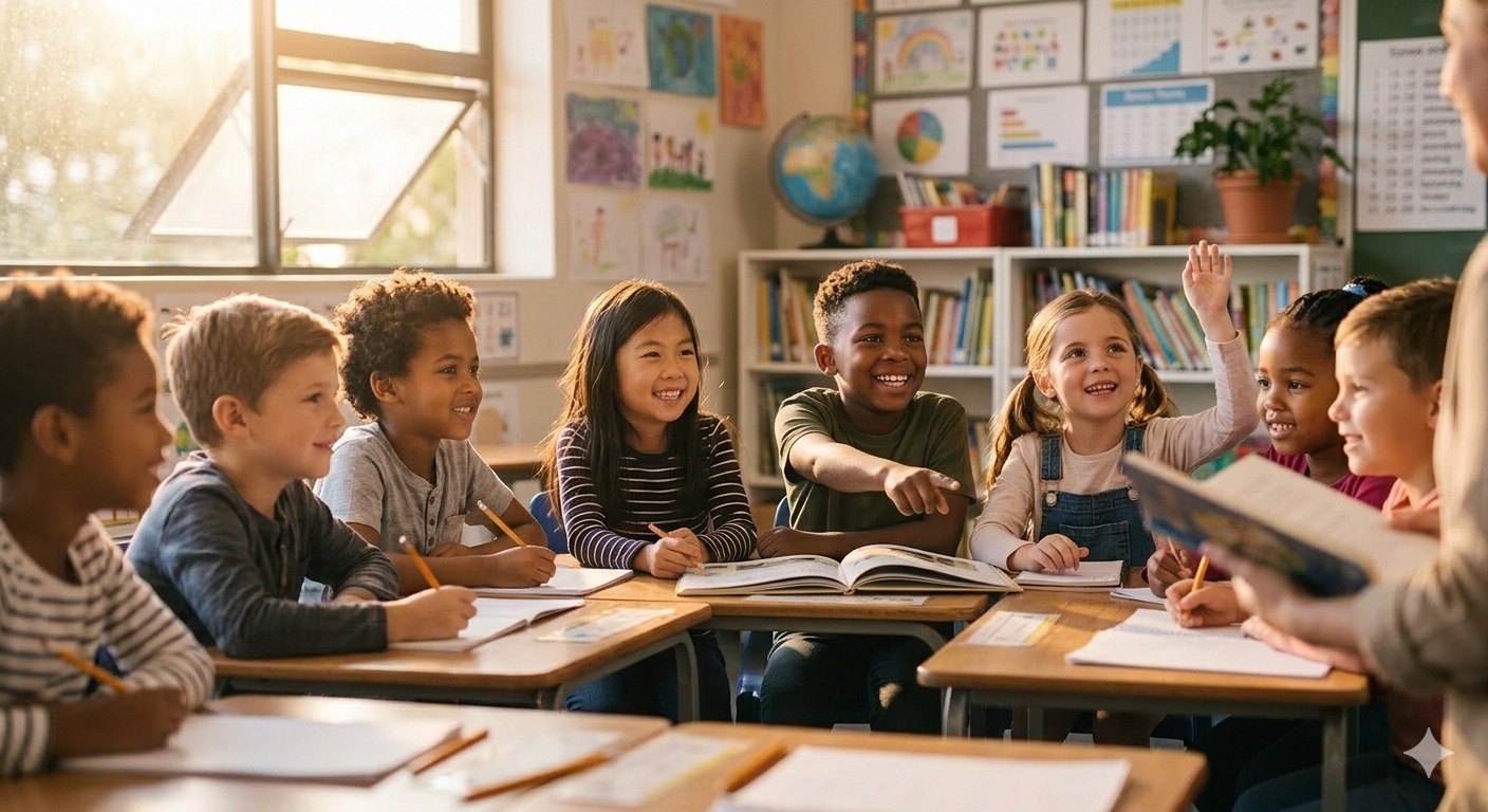 Happy child learning and speaking confidently